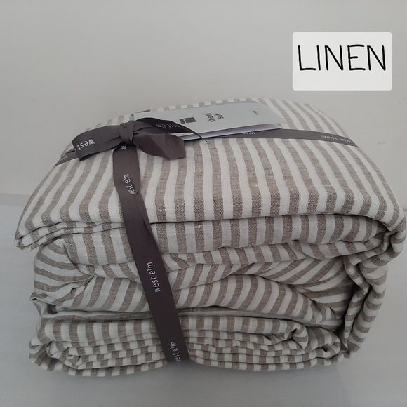 West Elm European Flax Linen Classic Stripe KING Sheet Set CEDAR